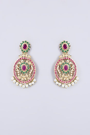Gold Plated Kundan Polki & Multi-Colored Stone Dangler Earrings