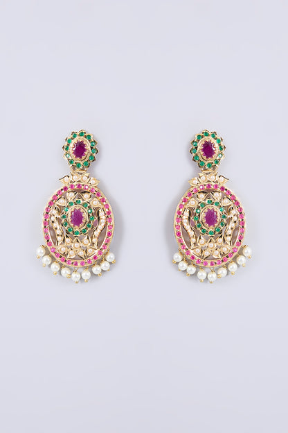 Gold Plated Kundan Polki & Multi-Colored Stone Dangler Earrings