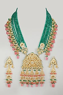 Gold Plated Beads & Emerald Necklace Set