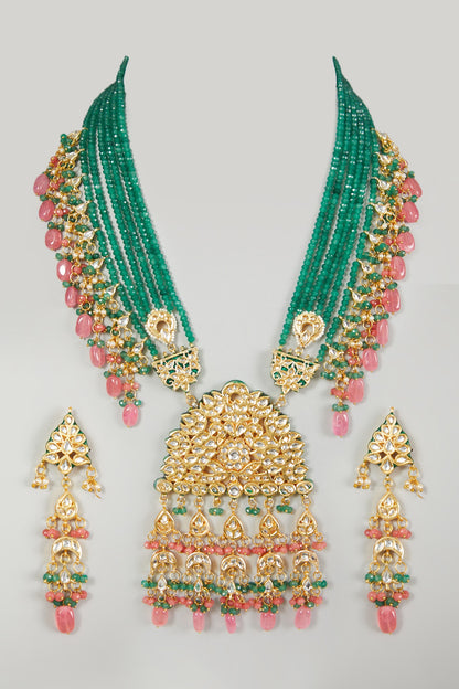 Gold Plated Beads & Emerald Necklace Set