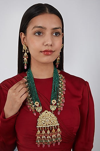 Gold Plated Beads & Emerald Necklace Set