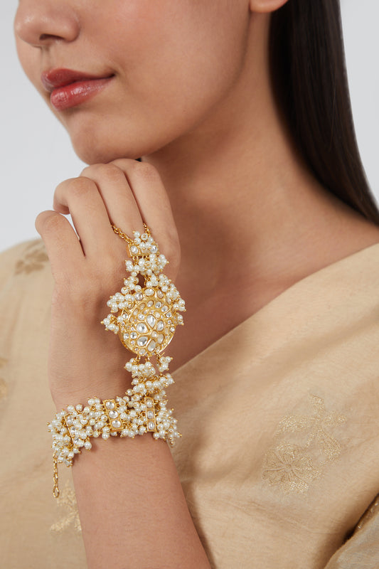 Gold Plated Kundan Polki & Pearls Hathphool