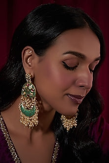 Gold Plated Kundan Polki & Green Stone Chandbali Earrings
