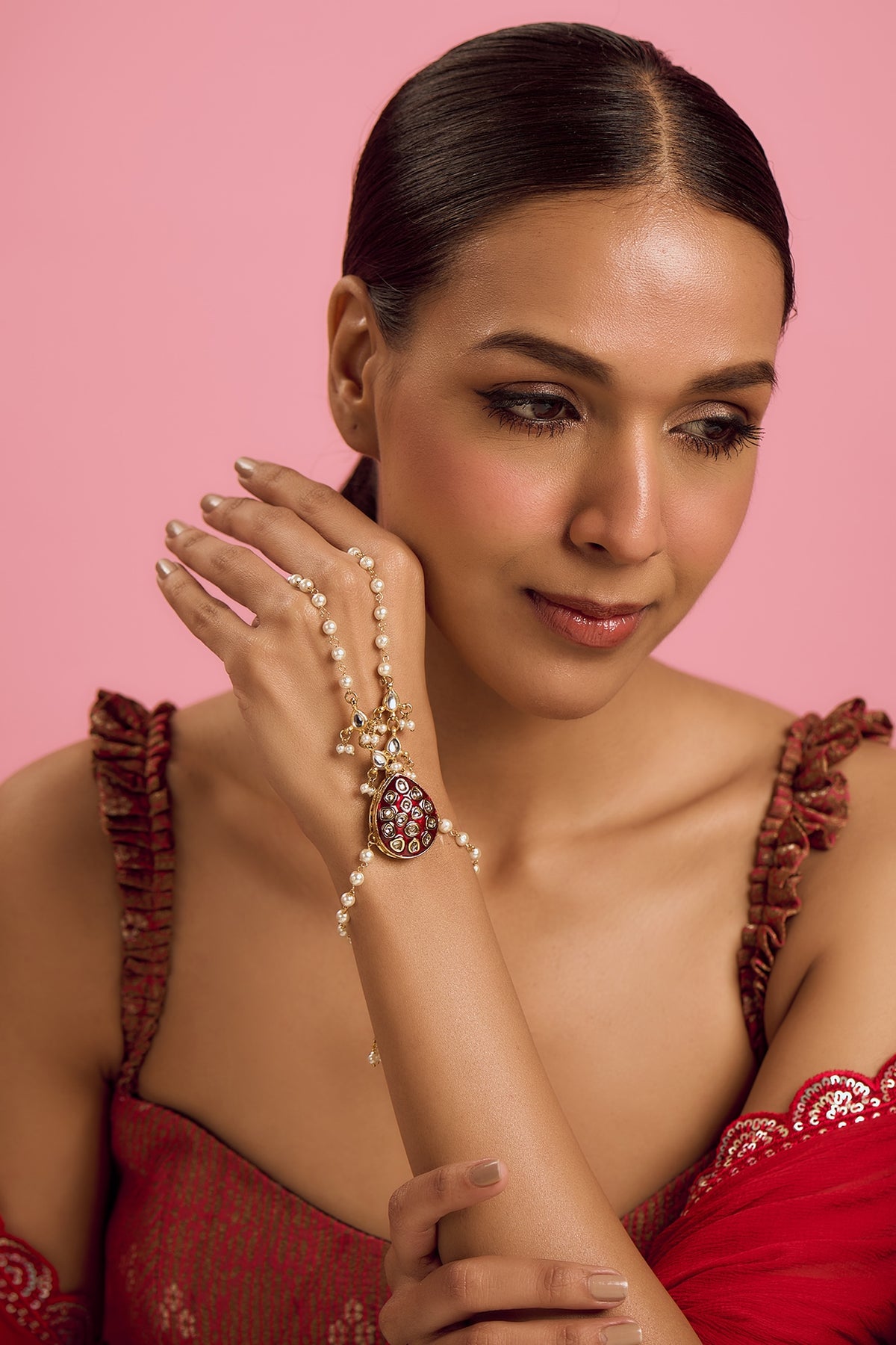 Gold Plated Kundan Polki & Pearl Meenakari Hathphool