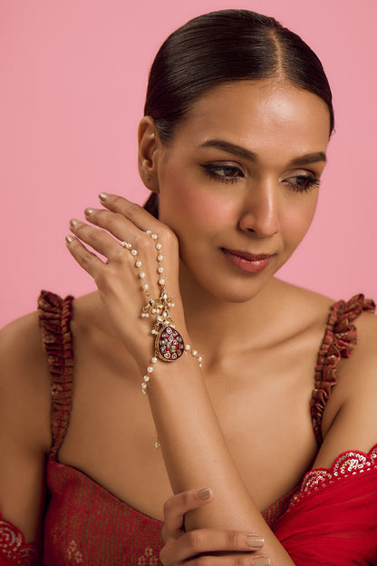 Gold Plated Kundan Polki & Pearl Meenakari Hathphool