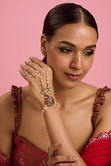 Gold Plated Kundan Polki & Pearl Meenakari Hathphool