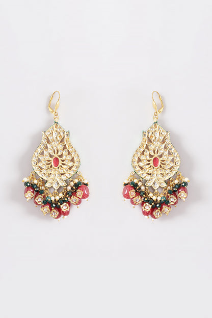 Gold Plated Kundan Polki & Ruby Bead Meenakari Dangler Earrings