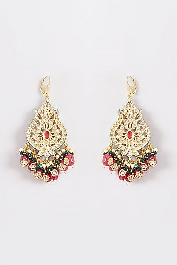 Gold Plated Kundan Polki & Ruby Bead Meenakari Dangler Earrings