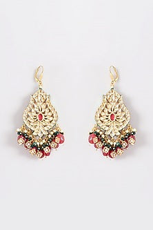 Gold Plated Kundan Polki & Ruby Bead Meenakari Dangler Earrings