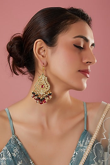 Gold Plated Kundan Polki & Ruby Bead Meenakari Dangler Earrings