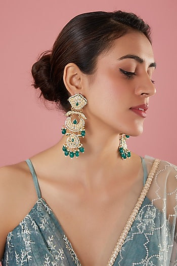 Gold Plated Kundan Polki & Pearl Meenakari Dangler Earrings