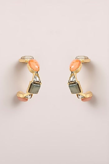 Gold Finish Multi-Colored Stone Hoop Earrings
