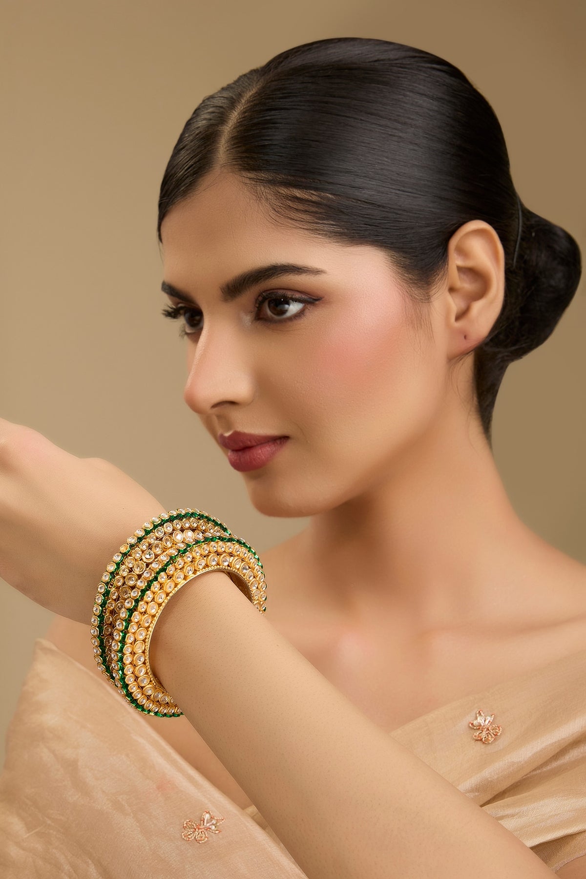 Gold Finish Kundan Polki Meenakari Openable Bangles (Set Of 2)