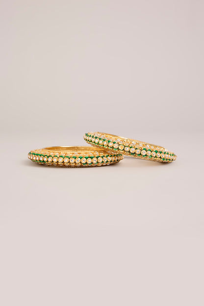 Gold Finish Kundan Polki Meenakari Openable Bangles (Set Of 2)