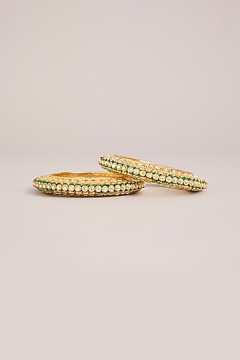 Gold Finish Kundan Polki Meenakari Openable Bangles (Set Of 2)