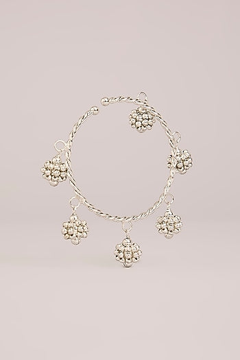 White Rhodium Finish Cluster Beaded Openable Bangles (Set Of 2)