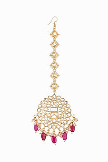 Gold Plated Ruby Beads & Pearls Maang Tikka