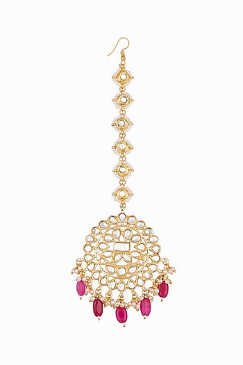 Gold Plated Ruby Beads & Pearls Maang Tikka