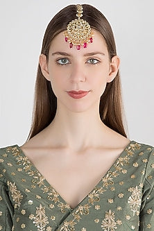 Gold Plated Ruby Beads & Pearls Maang Tikka