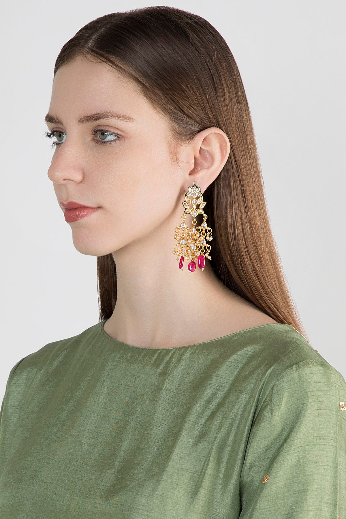 Gold Plated Kundan & Ruby Earrings