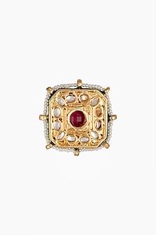 Gold Plated Square Kundan & Ruby Beads Ring