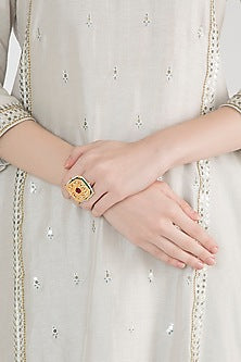 Gold Plated Square Kundan & Ruby Beads Ring