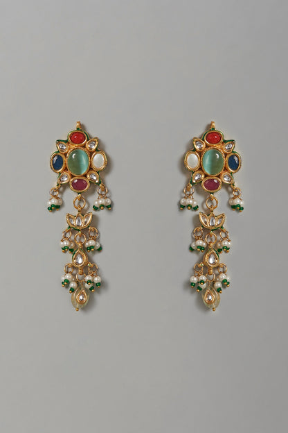 Gold Plated Navratna Dangler Earrings