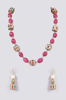Gold Plated Ruby Stone Long Necklace Set