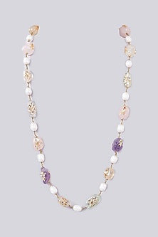 Gold Plated Semi-Precious Stone & Pearl Long Necklace