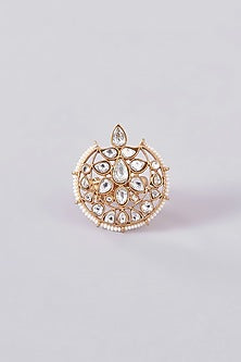 Gold Plated Kundan Polki & Pearl Chand Motif Ring