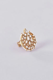 Gold Plated Kundan Polki & Pearl Chand Motif Ring