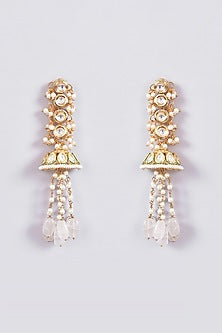 Gold Plated Kundan Polki & Pearl Tasseled Dangler Earrings