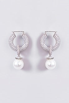 White Rhodium Finish Pearl Drop Hoop Earrings