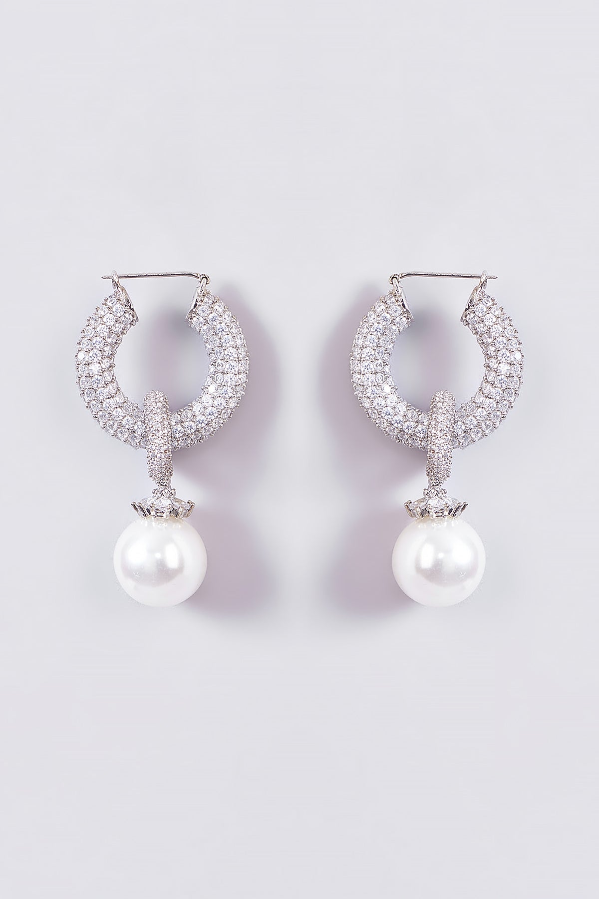 White Rhodium Finish Pearl Drop Hoop Earrings