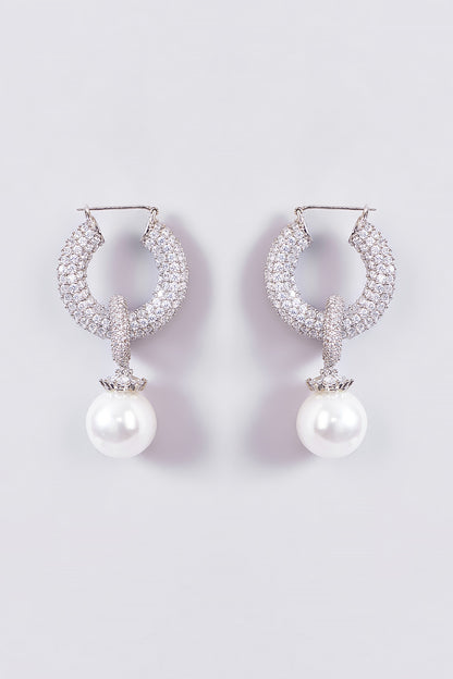 White Rhodium Finish Pearl Drop Hoop Earrings