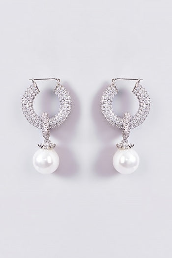 White Rhodium Finish Pearl Drop Hoop Earrings