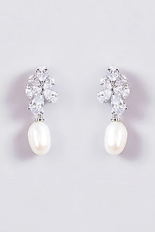 White Rhodium Finish Diamond & Baroque Pearl Drop Dangler Earrings