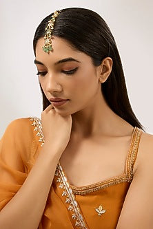 Gold Plated Green & White Stone Meenakari Maangtikka