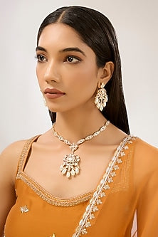 Gold Plated Uncut Kundan Polki & Pearl Hanging Necklace Set