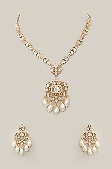 Gold Plated Uncut Kundan Polki & Pearl Hanging Necklace Set