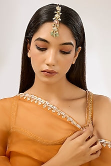 Gold Plated Green & White Beaded Meenakari Maangtikka