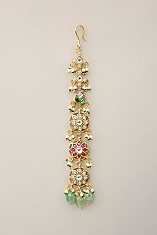 Gold Plated Green & White Beaded Meenakari Maangtikka