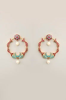 Gold Plated Fish Motif & Pearl Hanging Chandbali Earrings