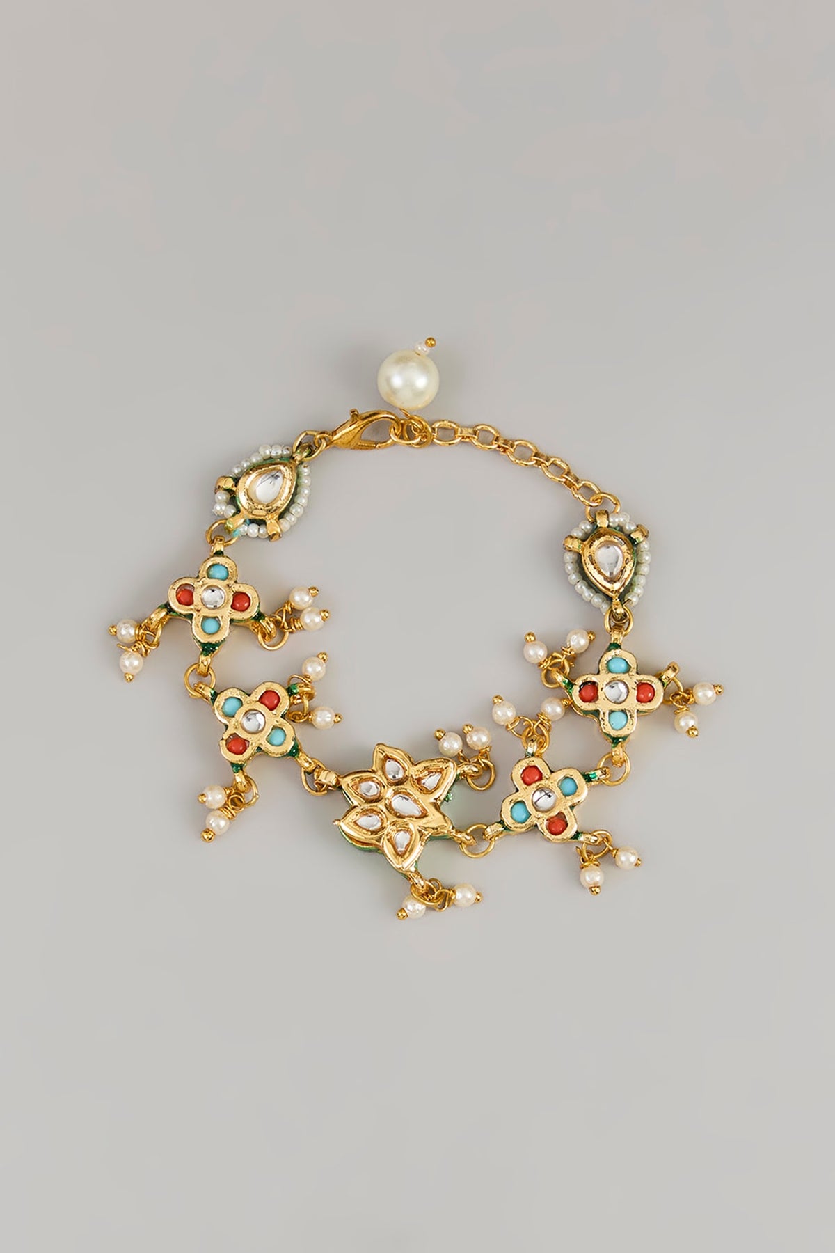 Gold Plated Kundan Polki & Multi-Colored Stone Bracelet