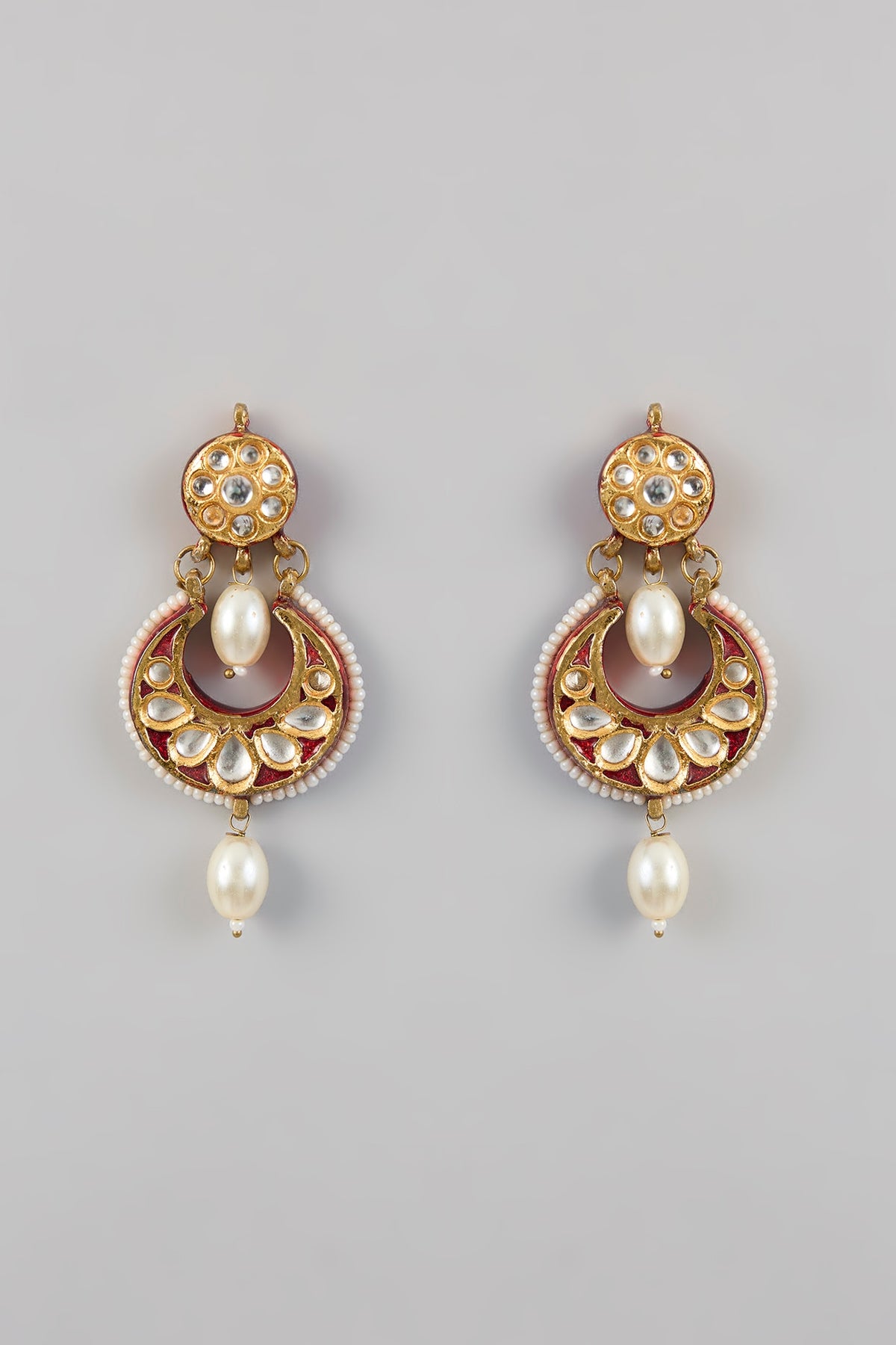 Gold Plated Kundan Polki Enameled Chandbali Earrings