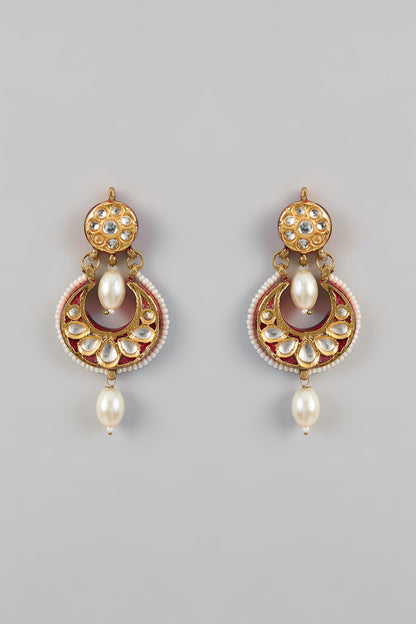 Gold Plated Kundan Polki Enameled Chandbali Earrings