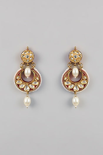 Gold Plated Kundan Polki Enameled Chandbali Earrings