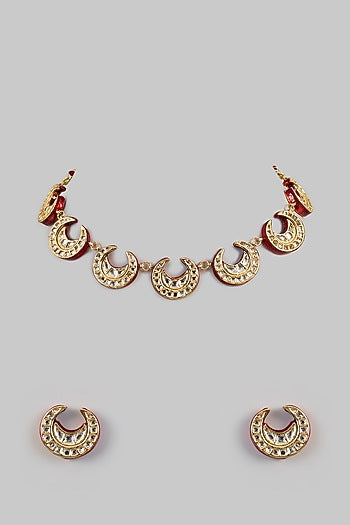 Gold Plated Kundan Polki & Red Stone Choker Necklace Set