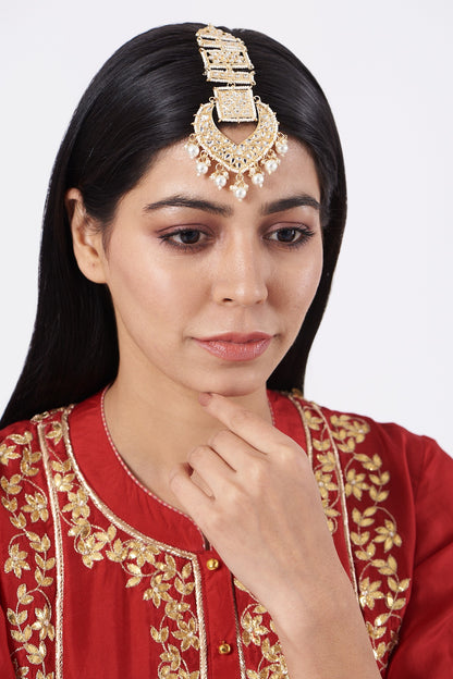 Gold Plated Maang Tikka With White Stones