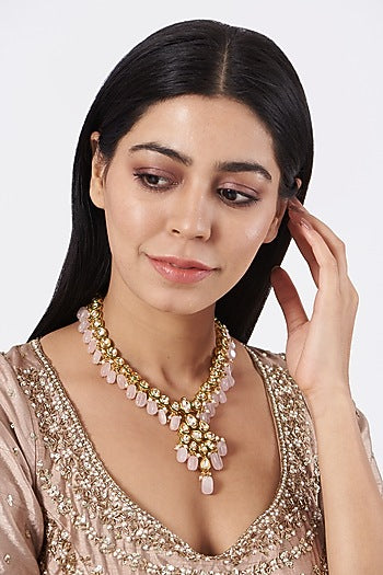 Gold Plated Necklace With Light Pink Beads